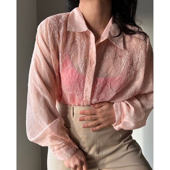 Alfred Dunner Tops - vtg 90s Alfred Dunner‎ Sheer Blouse Womens Size 12W floral peach shirt USA Made